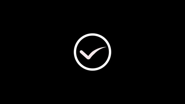 Animated white check mark icon in white circle. Isolated on a black background. Approved tick mark icon, Check mark icon animation , right mark icon. check box, tick box, white checkmark.