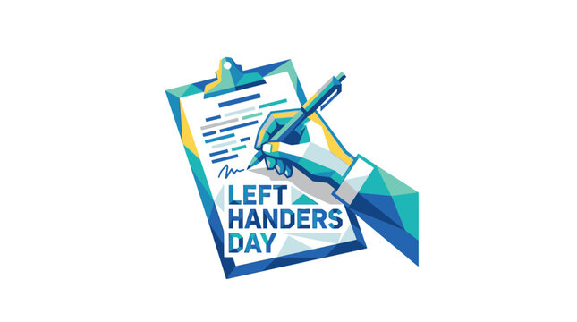 Stylized Geometric Illustration of a Left Hand Writing on a Clipboard for Left Handers Day