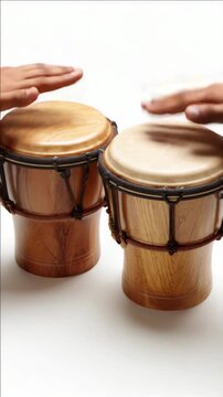 Set of two traditional bongo drums featuring natural wood finish with seat for comfortable playing.