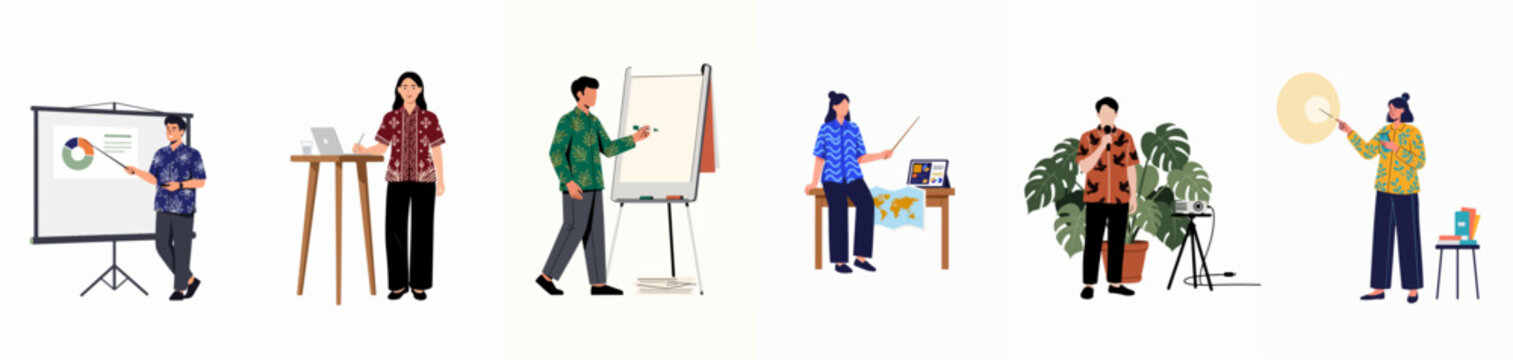 Set of diverse professional people in batik shirts giving presentations, teaching, and working in a modern office or classroom setting.