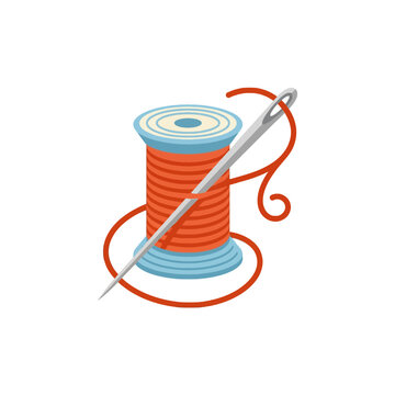A blue spool of red thread with a silver sewing needle