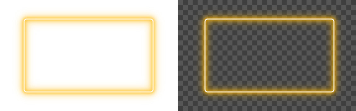 Yellow neon glow rectangle frame isolated on PNG transparent background. Futuristic light glowing shining rectangular outline border for banners, modern designs, video and web. Vector illustration.