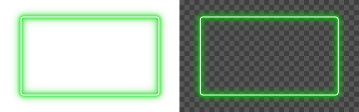 Green neon glow rectangle frame isolated on PNG transparent background. Futuristic light glowing shining rectangular outline border for banners, modern designs, video and web. Vector illustration.