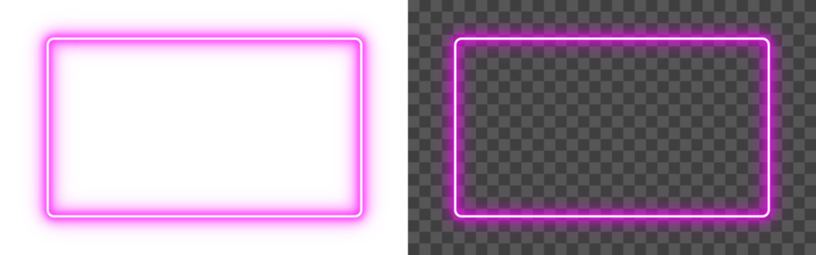 Pink neon glow rectangle frame isolated on PNG transparent background. Futuristic light glowing shining rectangular outline border for banners, modern designs, video and web. Vector illustration.