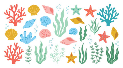Obraz premium Underwater sea life vector collection, colorful coral reef elements and seashells set, marine plants and starfish icons for summer design