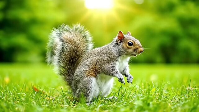 Adorable Squirrel Foraging in Lush Green Grass Under Bright Sunlight.