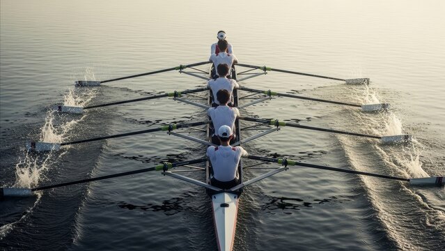 Rowing - Four Athletes in Perfect Synchrony Rowing a Racing Shell Across Calm Open Water Aerial View