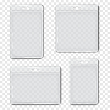 Clear plastic empty blister box with euro slot hanger. Realistic 3d vector mockup set. Blank display product transparent PVC clamshell case package with hanging hole. Mock-up. Template for design