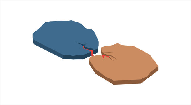 Two abstract shapes connecting with a red spark.
