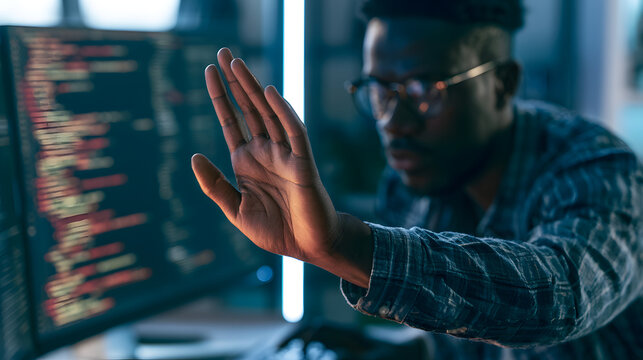 The programmer implements guardrails and the AI governance concept, subjecting an African American man to limit the autonomy of the algorithmic system, thereby ensuring human oversight.