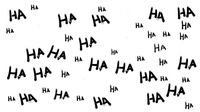 Abstract 'HA HA HA' text pattern on white, symbolizing laughter, humor, and joy. Hand-drawn word cloud illustration. 4K video