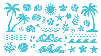 Obraz premium Tropical beach icons set, blue summer vacation silhouettes, palm trees and ocean waves vector collection, sea shells and hibiscus flowers