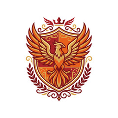 Fototapeta premium Phoenix bird crest logo on ornate shield with crown.