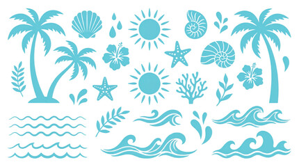Obraz premium Tropical summer beach icons set, light blue palm trees and ocean waves vector silhouettes, sea shells and sun symbols for vacation branding