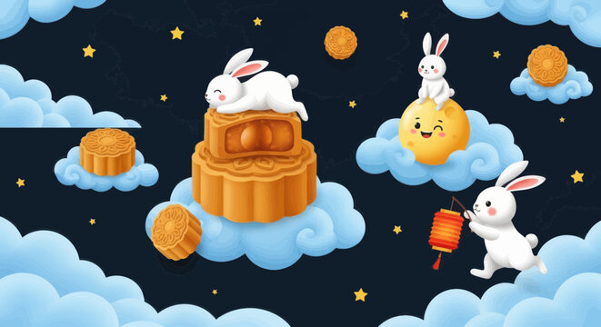 Midautumn festival illustration with rabbits and mooncakes