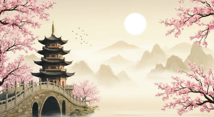 Obraz premium Traditional asian landscape with pagoda and cherry blossoms