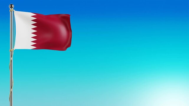 Realistic 3D Qatar flag waving smoothly on a metallic flagpole against a clear blue sky gradient, seamless loop animation, detailed fabric motion. National identity, travel, and international events.