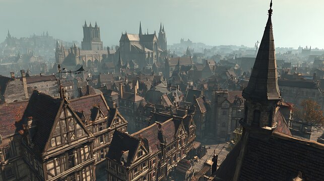 Aerial view of historic european city with red rooftops and cathedral spires