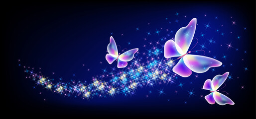Magic butterflies with sparkle trail flying in night sky among glowing stars in cosmic space. Animal protection day concept. © Marisha