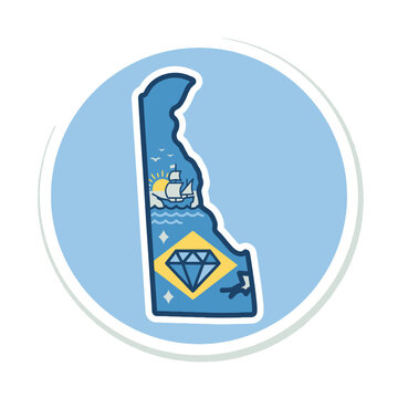 A creative blue sticker featuring the state map of Delaware