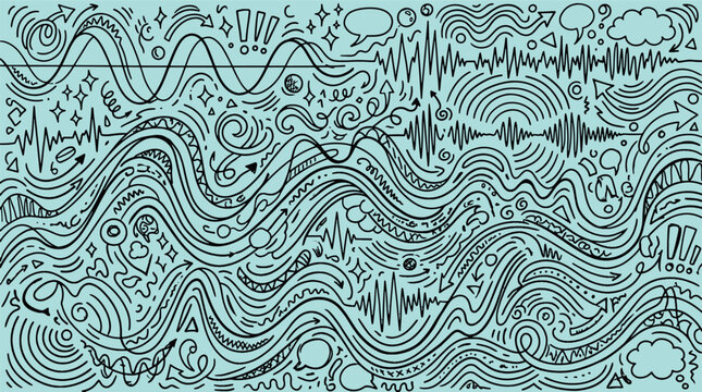 Abstract hand drawn audio sound waves doodle pattern with musical frequency lines and creative radio signal shapes vector illustration