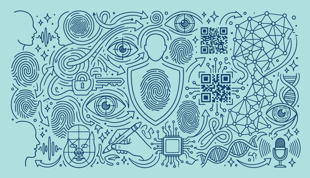 Advanced cybersecurity network concept featuring biometric data face scan fingerprint access eye recognition technology doodle style vector illustration