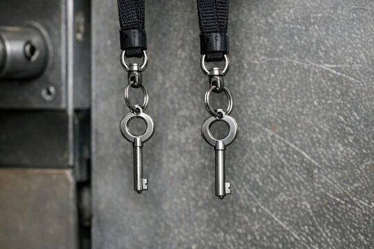 A pair of keys hanging from a metal door, perfect for use as a symbol or icon in various contexts