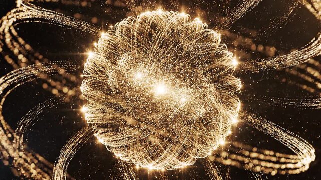 Abstract golden light particles exploding in a spherical motion on a black background. Ideal for global network, big data, energy burst, and luxury tech concepts.