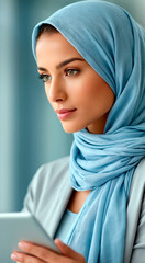 Fototapeta premium Beautiful muslim woman wearing blue hijab using digital tablet in modern office with calm confident expression