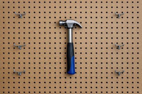 A hammer hanging from a pegboard with pre-drilled holes, ready for use