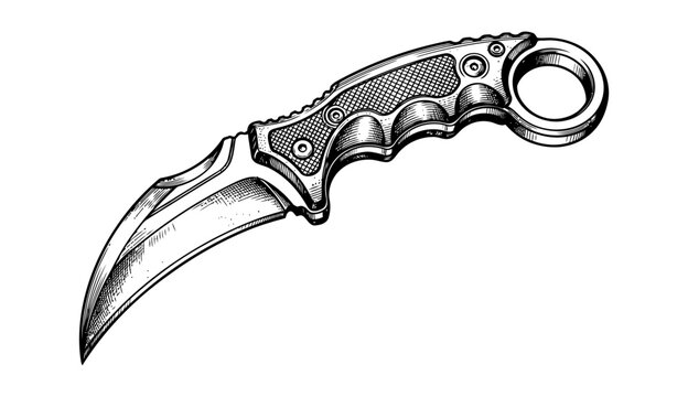 Karambit knife vector illustration, a sharp curved blade and a textured ergonomic tactical handle design