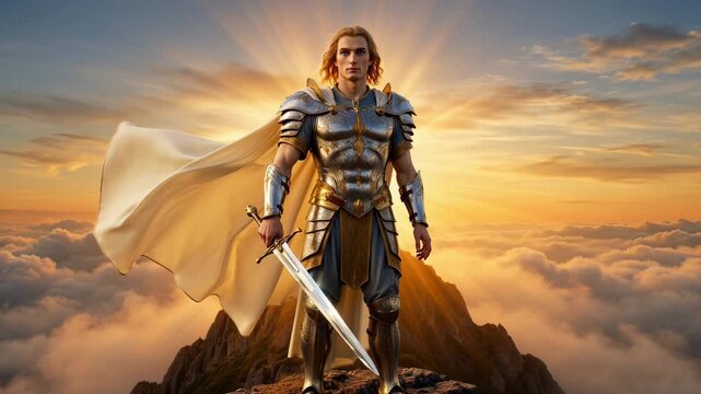Archangel Michael standing on a mountain peak. Warrior angel in golden armor with a sword above the clouds. Biblical religious concept