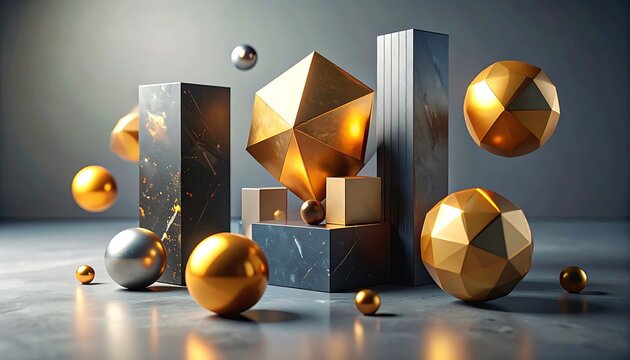 Golden 3D geometric shapes floating freely.