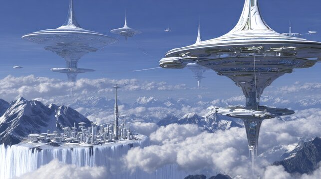 Advanced futuristic floating metropolis hovers above snowy mountain peaks amid clouds
