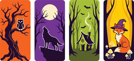 Fototapeta premium Halloween Spooky Night Animals Set Owl Wolf Witch Fox Forest Scenes Vector Illustration