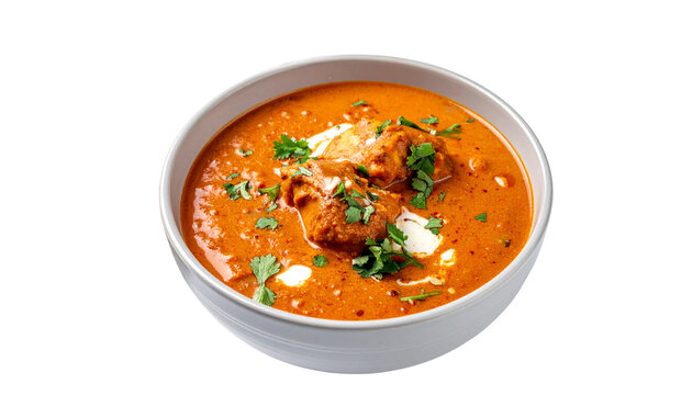 A steaming bowl of rich butter chicken with creamy tomato gravy, garnished with fresh coriander and butter, isolated on transparent background