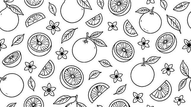 Hand drawn citrus fruits and leaves pattern design.