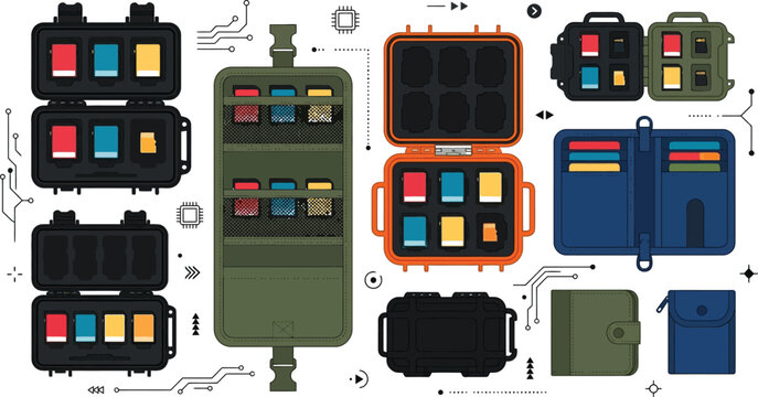 Collection of rugged memory card cases and travel storage organizers for professional photographers