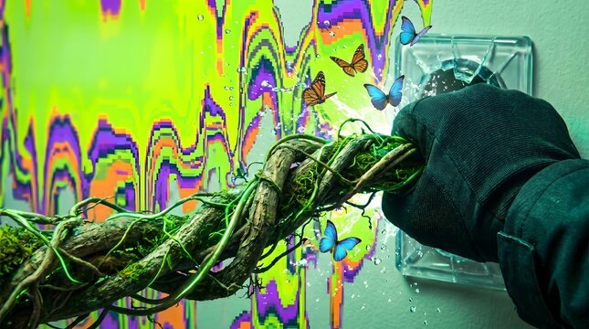 Surreal digital glitch art concept featuring nature elements transforming into electronic noise.
