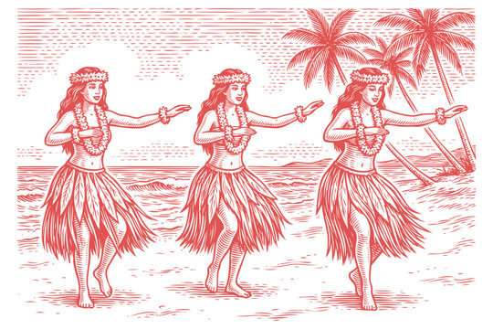 Vector engraving illustration of three hawaiian hula dancers in grass skirts on a tropical beach with palm trees. Vintage graphic art.