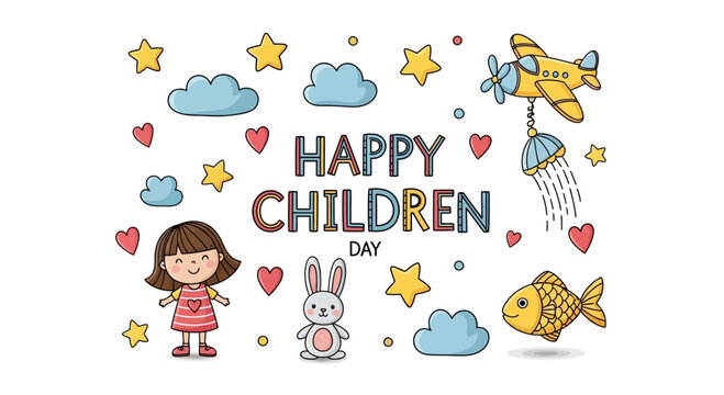 Happy children day greeting card with cute girl and toys