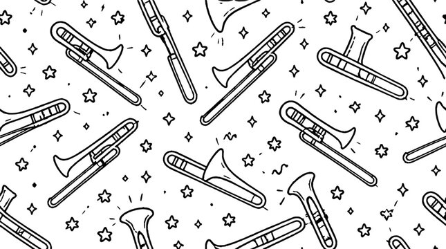 Black and white trombone pattern with stars.