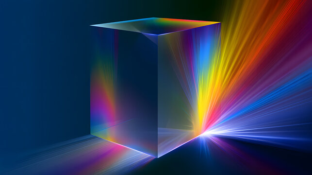 Abstract illustration of a rainbow crystal prism refracting light with a glowing background.