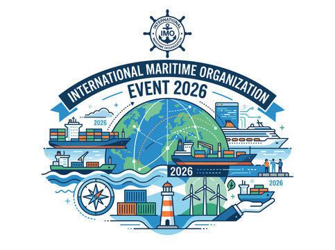 International Maritime Organization global shipping event illustration with ships and lighthouse.