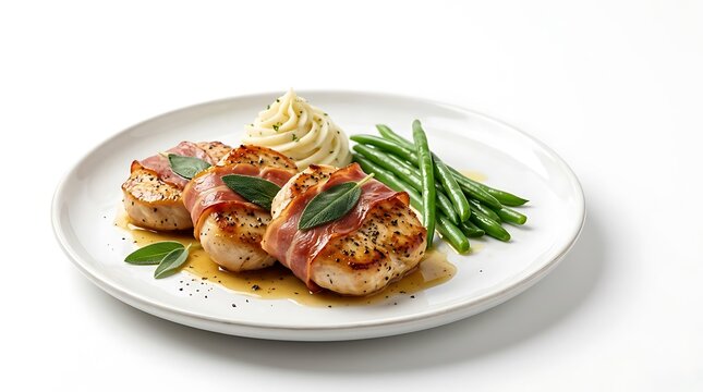 Delicious chicken saltimbocca wrapped in salty prosciutto and fresh sage leaves, served with a side of creamy mashed potatoes and crisp green beans.