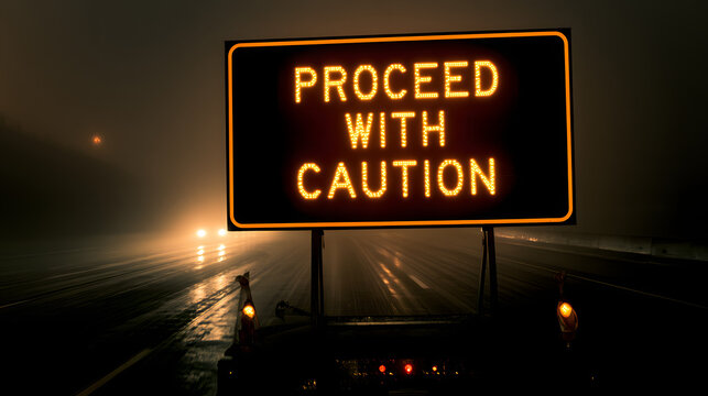 A caution sign illuminated on a mobile highway alerts drivers