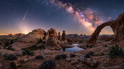 Obraz premium Milky Way and Shooting Star Over Natural Rock Arch and Reflection Pool in Desert Night