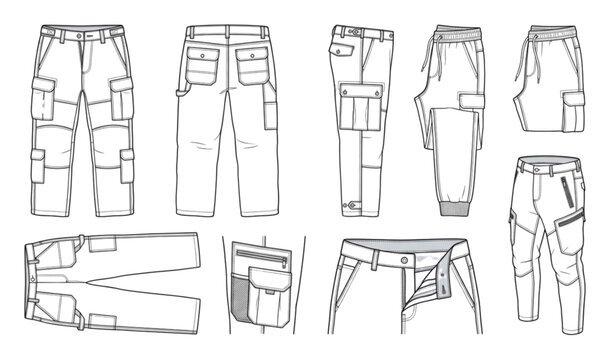 Mens cargo pants technical sketch multi view apparel vector template illustration