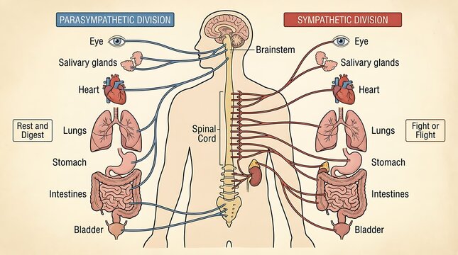Autonomic nervous system chart showing parasympathetic and sympathetic pathways