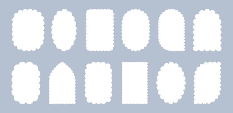 Cute white cloud frames, oval and arch shape frame with scallop edges. Modern aesthetic decorative fluffy banners, abstract vintage wavy labels, simple playful zigzag edge badge template vector set